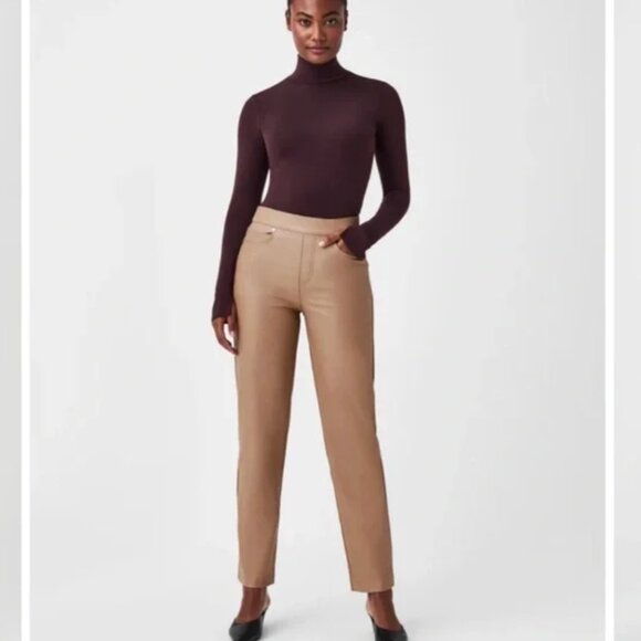 NWT Spanx  Regular Pants Leather Like Slim Straight in toffee faux leather - Picture 1 of 9